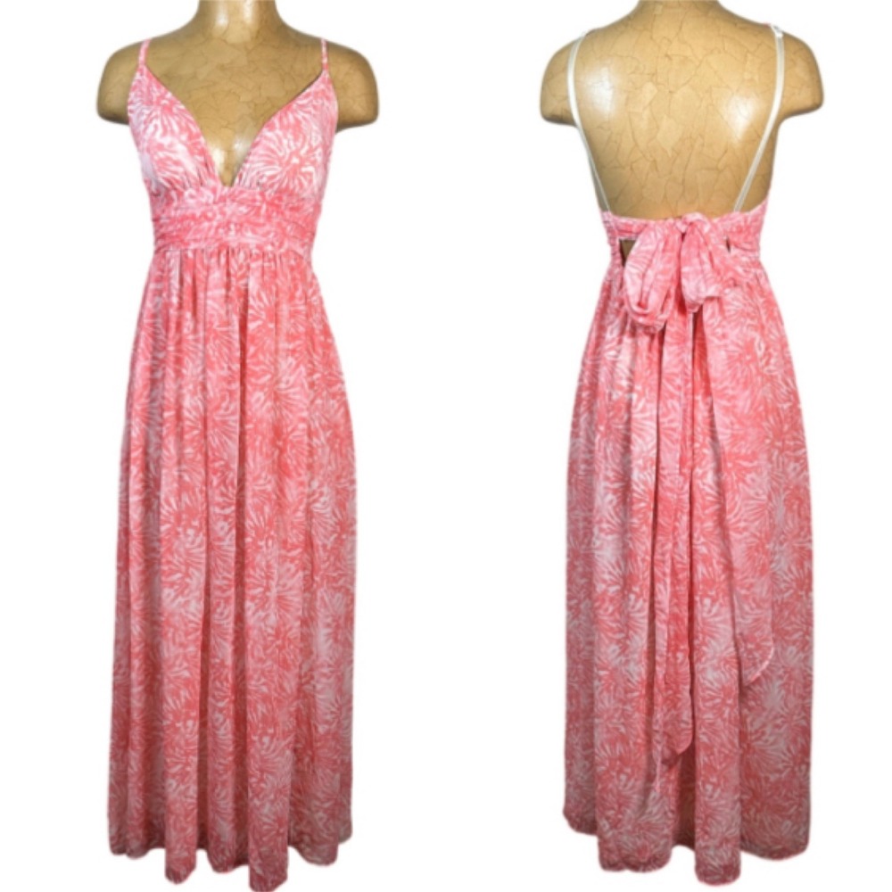 Pink White Sunburst Maxi Dress Small Open‎ Back Tie Tropical Vacation Spaghetti